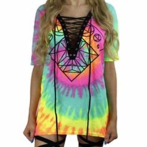 Rave festival lace up top rainbow tie dye
